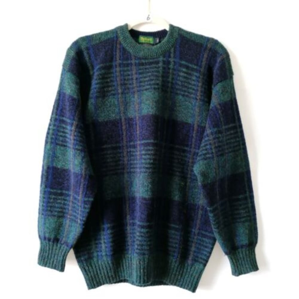 Byford Mens Green & Blue Crew Neck Plaid Drop Shoulder Pullover Sweater Size M
